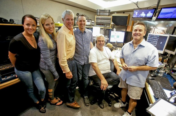 Jerry Cesak, third from left, with his KyXy "Jeff and Jer Showgram" morning team in 2015, from left, Emily Griffith, Laura Cain, Randy Hoag, Jeff Detrow and "Little Tommy" Sablan.(Alejandro Tamayo / UT file)