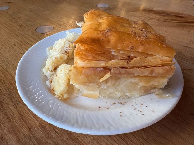 Galactoboureko and Greek coffee from Olympic Cafe in North Park. (Abby Hamblin / The San Diego Union-Tribune)