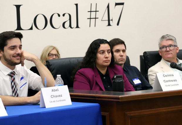 Riverside, Ca., December 20, 2025. CA-48 candidates Abel Chavez, left, Corina Contreas, Marc Iannarino, and Curtis Morrison during an open forum with community members at the I.B.E.W.L.U. #47. (James Carbone/For The San Diego Union-Tribune)