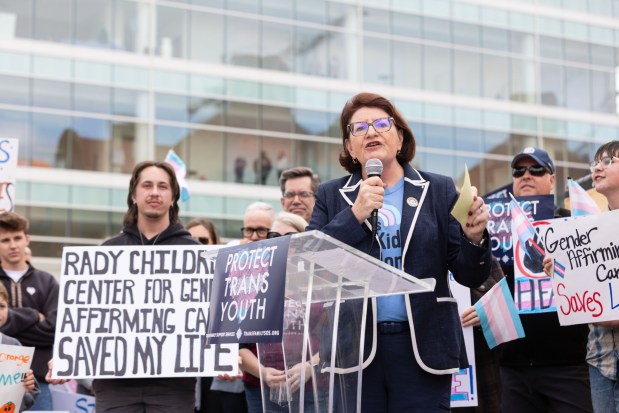 Toni Atkins speaks at a protest outside of Rady Children's Hospital against the hospital's decision to end most of its gender-affirming care services, San Diego, Saturday, Jan. 24, 2026. (Zoë Meyers / For The San Diego Union-Tribune)