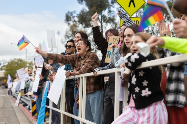 Hundreds gather outside of Rady Children's Hospital to protest the hospital's decision to end most of its gender-affirming care services, San Diego, Saturday, Jan. 24, 2026. (Zoë Meyers / For The San Diego Union-Tribune)