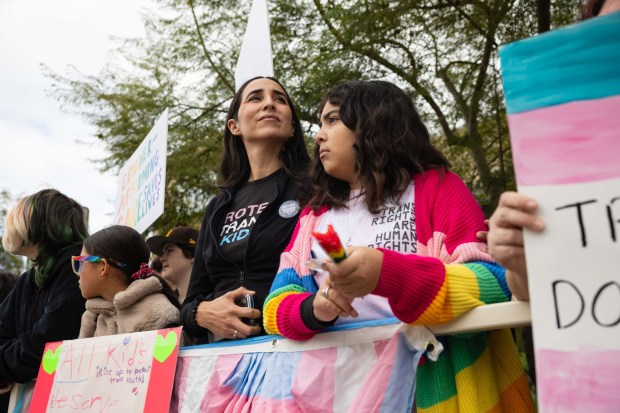 Sarai Luna and Katie Amta, age 12, protest Rady Children's Hospital decision to end most of its gender-affirming care services, San Diego, Saturday, Jan. 24, 2026. (Zoë Meyers / For The San Diego Union-Tribune)