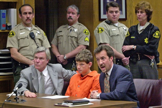 (Published 03/08/2001, A-14) EL CAJON, CA -- SCHOOL SHOOTING -- Arraignment of Charles "Andy" Williams, 15, in San Diego County Superior Court March 7, 2001 before Judge Herbert J. Exarhos. Williams's attorneys are Randy Mize (dark suit, facial hair) and Ron Bobo (gray suit). Prosecutor is Chief Deputy D.A. Kris Anton (blond, she is in a dark suit). Williams was charged in the shootings at Santana High School Monday, March 5, 2001 that resulted in two dead and 13 wounded. (Nancee E. Lewis / UT file)