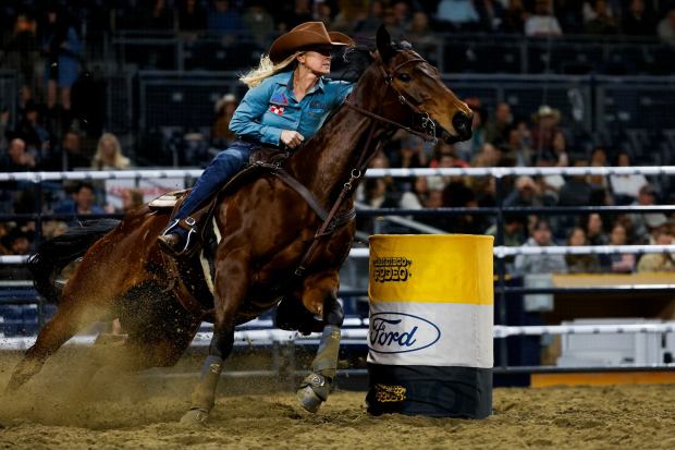 Wenda Johnson competes in barrel racing during the third annual San Diego Rodeo at Petco Park on Friday, Jan. 16, 2026 in San Diego, California. (Meg McLaughlin / The San Diego Union-Tribune)
