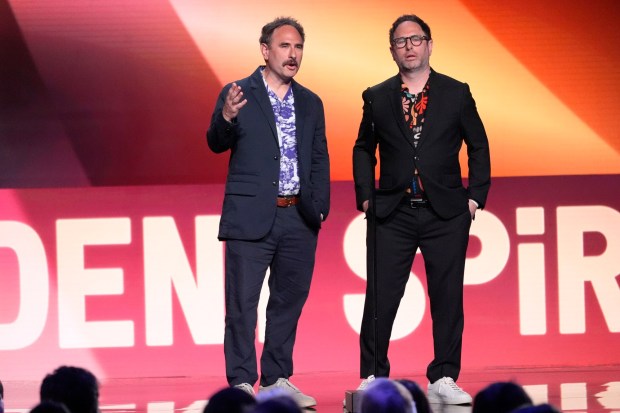 Randy Sklar, left, and Jason Sklar speak during the Film Independent Spirit Awards on Saturday, Feb. 22, 2025, in Santa Monica, Calif. They will perform this weekend at The Comedy Store in La Jolla. (AP Photo/Chris Pizzello)