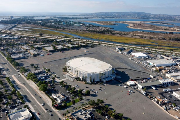 An aerial view of the city of San Diego's sports arena real estate, which includes Pechanga Arena San Diego, as pictured on Oct. 7, 2025. (K.C. Alfred / The San Diego Union-Tribune)