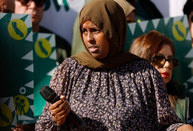 Ramla Sahid, executive director of the Partnership for the Advancement of New Americans, speaks at a news conference to condemn recent harassment of Somali child care workers at the United Domestic Workers (UDW) office on Jan. 8, 2026, in San Diego. (K.C. Alfred / The San Diego Union-Tribune)
