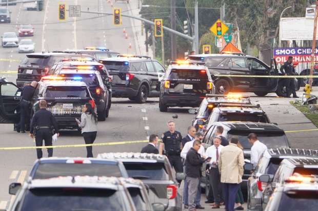 Mass police are presented after an officer involved shooting on Jamacha Rd on Thursday, Jan. 22, 2026 in Spring Valley, CA. (Michael Ho / For The San Diego Union-Tribune)