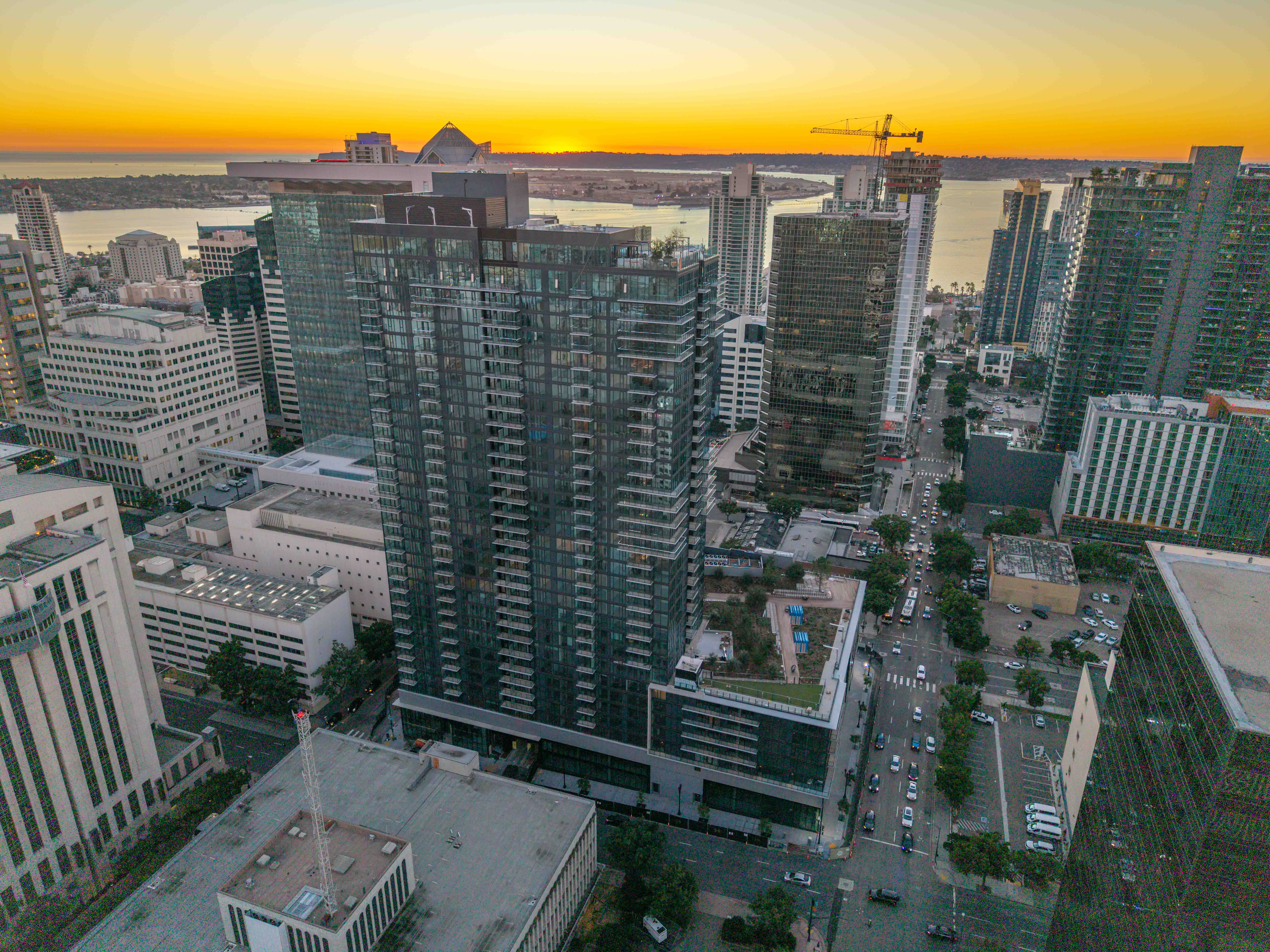 Aerial shots of The Torrey apartment complex in downtown San...