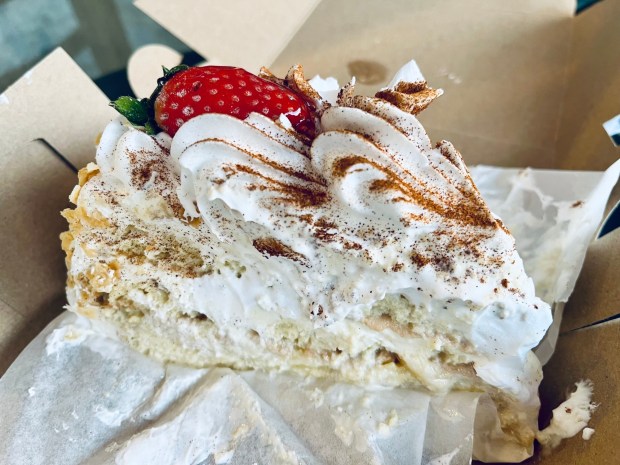 A slice of tres leches cake from Sweet Bakery Mexico Lindo in Chula Vista. (Carlos Rico / The San Diego Union-Tribune)