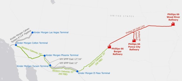 The proposed route for the Western Gateway Pipeline, a project announced by Phillips 66 and Kinder Morgan designed to bring refined products like gasoline to states such as Arizona and keep more supplies within California. (Map from Phillips 66)