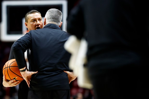 Boise State coach Leon Rice argues with official Rob Kueneman before getting a technical foul Saturday night at Viejas Arena. (Meg McLaughlin / The San Diego Union-Tribune)
