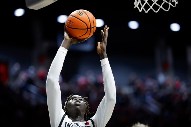 Magoon Gwath #0 of San Diego State goes up for a shot against Boise State during their game at Viejas Arena on Saturday, Jan. 3, 2026 in San Diego, California. (Meg McLaughlin / The San Diego Union-Tribune)