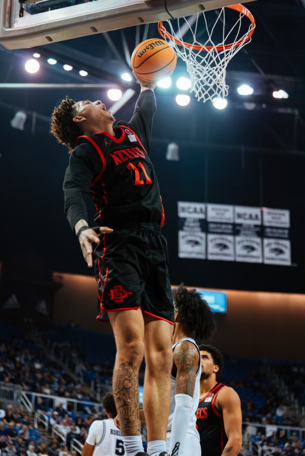 San Diego State's Miles Byrd dunks during the first half of Tuesday's game against the University of Nevada in Reno, Nev. (University of Nevada athletics)