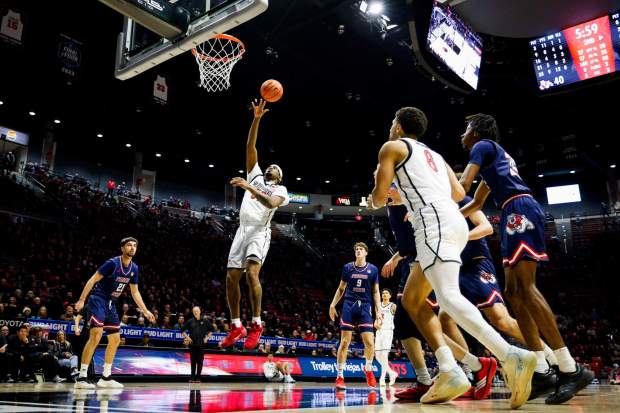 Reese Dixon-Waters #39 of San Diego State takes a shot against Fresno State at Viejas Arena on Saturday, Jan. 10, 2026 in San Diego, California. (Meg McLaughlin / The San Diego Union-Tribune)