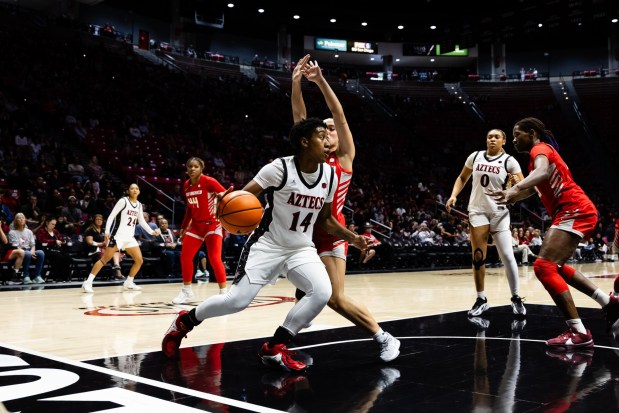 San Diego State's Nala Williams drives to the basket during Wednesday's game against New Mexico at Viejas Arena. (Derrick Tuskan, San Diego State athletics)