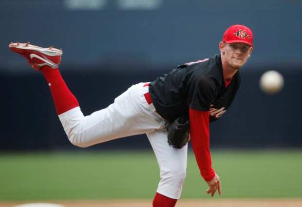 FILE - San Diego State's Stephen Strasburg tossed a no-hitter in his final home start at Tony Gwynn Stadium. (AP Photo/Lenny Ignelzi, File)