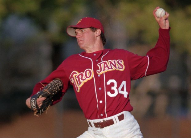 Southern California's Barry Zito delivers a pitch during the third inning against Stanford during the NCAA Super Regionals in Stanford, Calif., Friday, June 4, 1999. (AP Photo/John Todd)