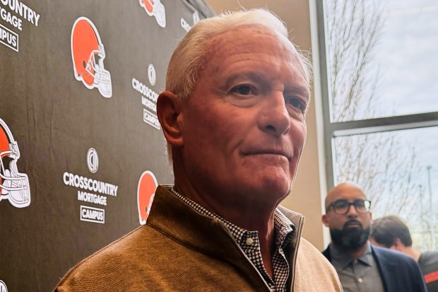 Cleveland Browns owner Jimmy Haslam answers questions at the team complex in Berea, Ohio, on Jan. 5, 2026, after head coach Kevin Stefanski was fired. (AP photo/Joe Reedy)