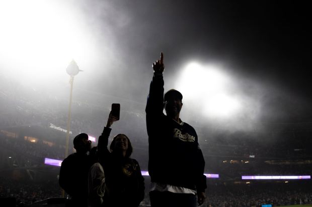 Padres fans celebrate after Fernando Tatis Jr. home run against the Colorado Rockies during the sixth inning at Petco Park on Friday, April 11, 2025 in San Diego, CA.(Meg McLaughlin / The San Diego Union-Tribune)