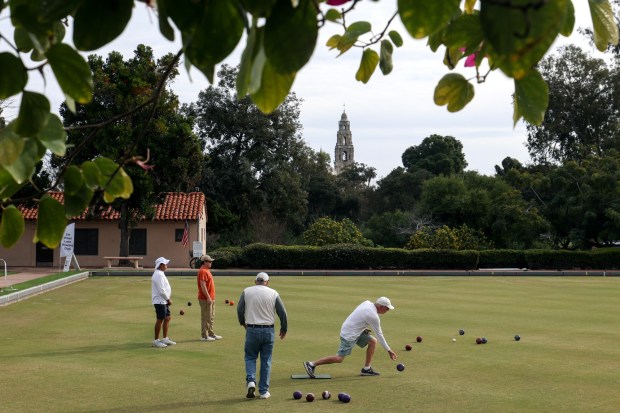 SAN DIEGO, CA - January 03, 2026: With the California Tower in the background, San Diego Lawn Bowling Club member Ralph Cook rolls a ball at Balboa Park in San Diego on Saturday, January 03, 2026. (Hayne Palmour IV / For The San Diego Union-Tribune)