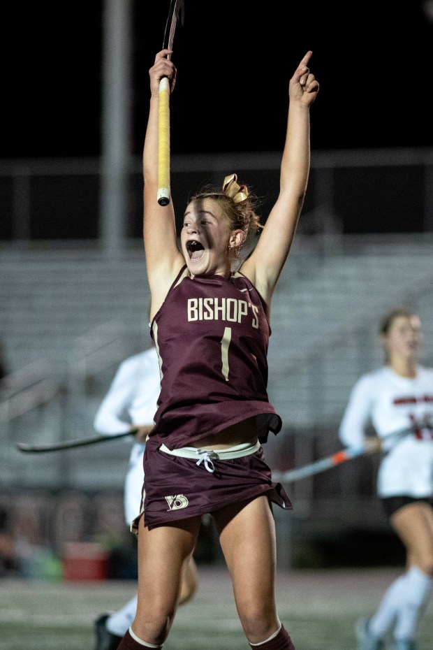 The Bishops School's Lola Conway (1) celebrates scoring during Saturday's CIF San Diego Section Open Division Field Hockey Championship game played against Canyon Hills High School at La Jolla High School in San Diego, CA. (Xavier Hernandez / For The San Diego Union-Tribune)