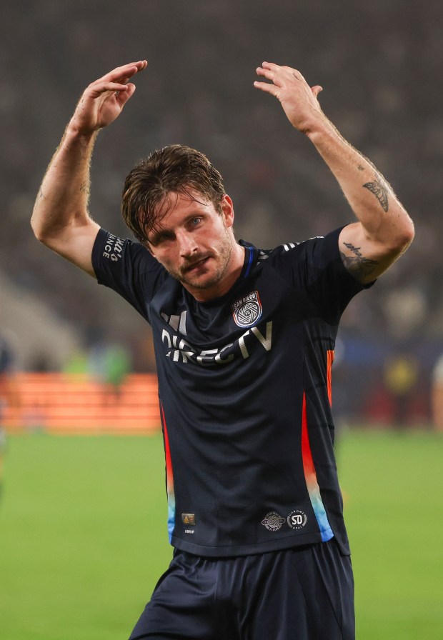 Anders Dreyer #10 of San Diego FC celebrates during match three of the Western Conference Round One of the 2025 MLS Cup Playoffs against the Portland Timbers at Snapdragon Stadium on Sunday, Nov. 9, 2025 in San Diego, California. (Meg McLaughlin / The San Diego Union-Tribune)