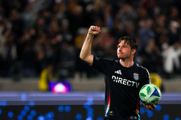 Anders Dreyer #10 of San Diego FC celebrates after defeating Minnesota United during the 2025 MLS Cup Playoffs: Conference Semifinals at Snapdragon Stadium on Monday, Nov. 24, 2025 in San Diego, California. (Meg McLaughlin / The San Diego Union-Tribune)