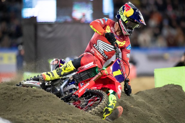 Jett Lawrence (1) during Saturday's Monster Energy AMA Supercross held at Snapdragon Stadium in San Diego, CA. (Xavier Hernandez / For The San Diego Union-Tribune)