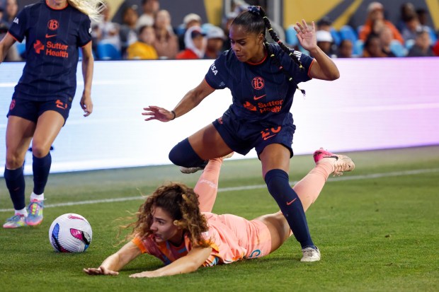 Bay FC's KiKi Pickett (23) kicks the ball against Seattle Reign FC in the second half at PayPal Park in San Jose, Calif., on Friday, April 26, 2025. (Shae Hammond/Bay Area News Group)