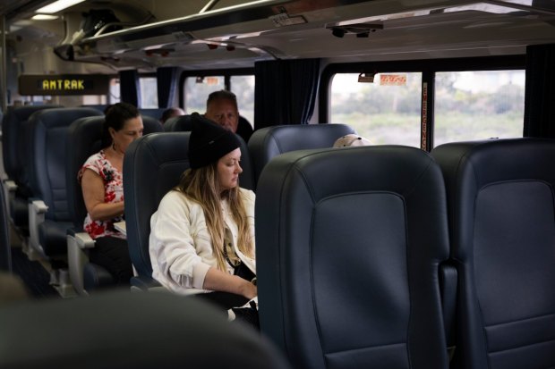 Allison Zeller rides a Pacific Surfliner train on Wednesday, Jan. 21, 2026 near Solana Beach, California. (Meg McLaughlin / The San Diego Union-Tribune)