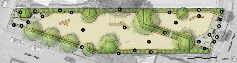 A diagram shows an overhead view of a strip of park space.