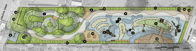 A diagram shows an overhead view of a strip of park space.