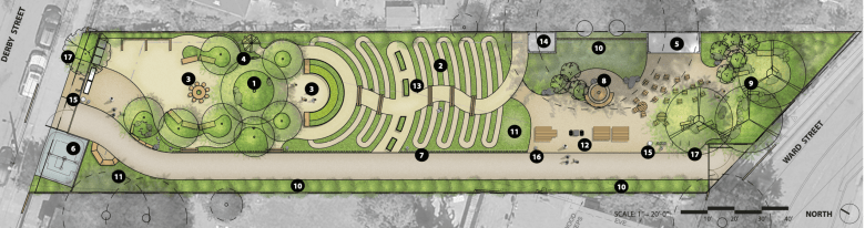 A diagram shows an overhead view of a strip of park space.