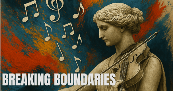 Statue of woman playing violin as musical notes rise into the air.