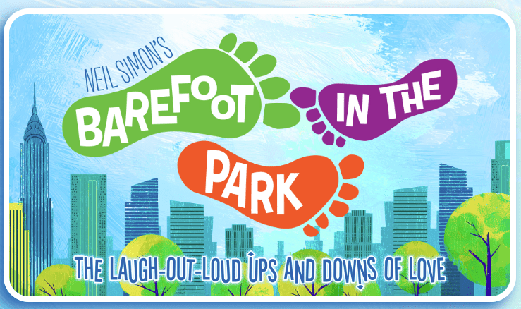 Poster for Barefoot in the Park, showing footprints over an illustration of a park in a city.