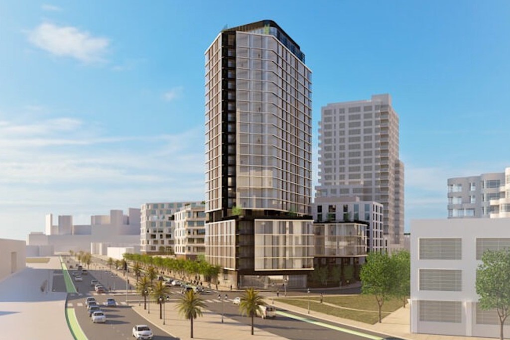 An architect's rendering of large apartment buildings along a wide boulevard in SF. 