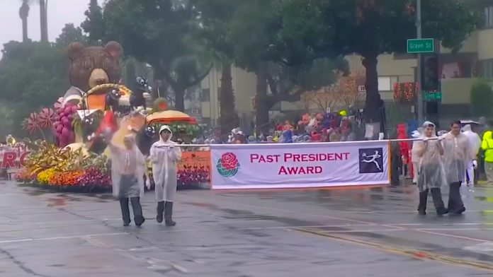 WINNER 2026 Tournament of Roses Parade: South Pasadena Rose Parade Float Wins the 'Past President's Award' on a historic, rare, rainy new years day with hundreds of thousands in attendance on the parade route in Pasadena.