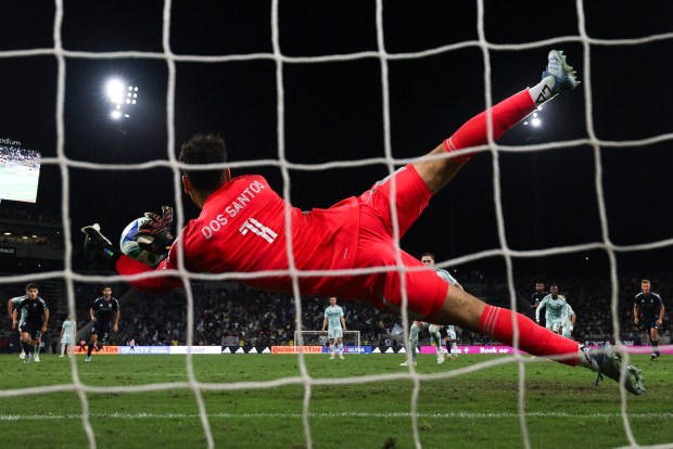 San Diego FC goalkeeper CJ dos Santos makes a save against the Colorado Rapids during their match at Snapdragon Stadium on Wednesday, May 14, 2025 in San Diego, CA. (Meg McLaughlin / The San Diego Union-Tribune)