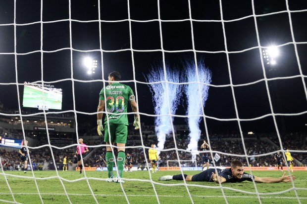 Club America's Rodolfo Cota looks on as San Diego FC's Milan Iloski celebrates his goal during their match at Snapdragon Stadium on Saturday, June 7, 2025 in San Diego, CA. (Meg McLaughlin / The San Diego Union-Tribune)