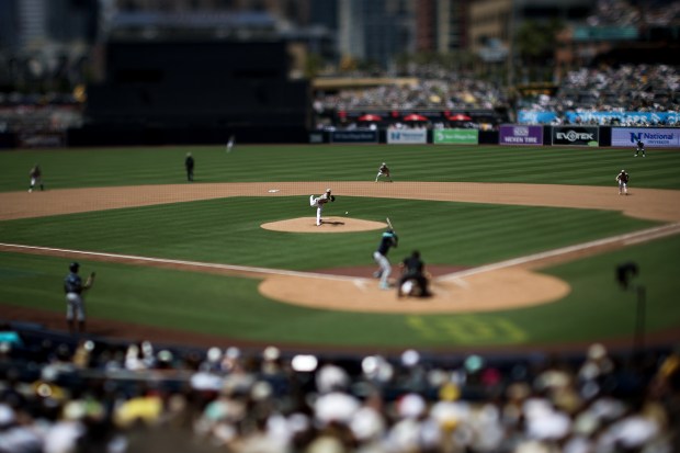 San Diego Padres' Michael King pitches against Seattle Mariners' Julio Rodriguez at Petco Park on Sunday, May 18, 2025 in San Diego, CA. (Meg McLaughlin / The San Diego Union-Tribune)