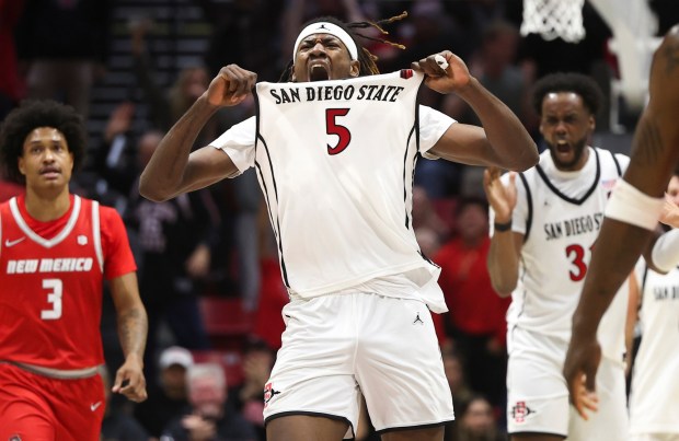 San Diego State forward Pharaoh Compton celebrates during their game against New Mexico at Viejas Arena on Tuesday, Feb. 25, 2025 in San Diego, CA. (Meg McLaughlin / The San Diego Union-Tribune)