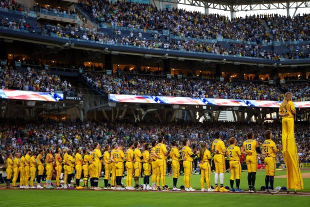 San Diego, CA - September 05: Savannah Bananas stand for the national anthem before their game at Petco Park on Friday, Sept. 5, 2025 in San Diego, CA. (Meg McLaughlin / The San Diego Union-Tribune)
