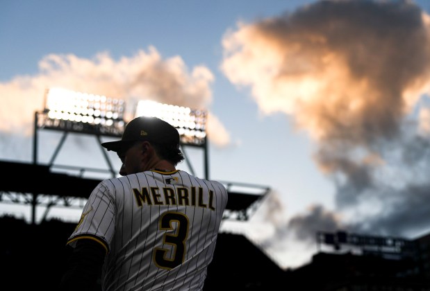 San Diego Padres center fielder Jackson Merrill walks to the outfield during the third inning against the Los Angeles Angels at Petco Park on Tuesday, May 13, 2025 in San Diego, CA. (Meg McLaughlin / The San Diego Union-Tribune)