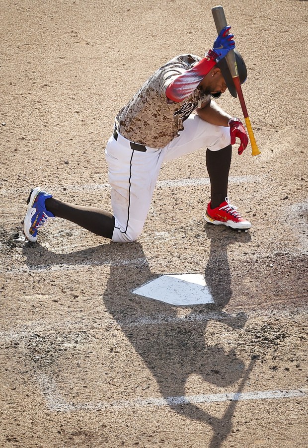 Xander Bogaerts #2 of the San Diego Padres reacts after striking out against the Texas Rangers during the sixth inning at Petco Park on Friday, July 4, 2025 in San Diego, CA. (Meg McLaughlin / The San Diego Union-Tribune via Getty Images)