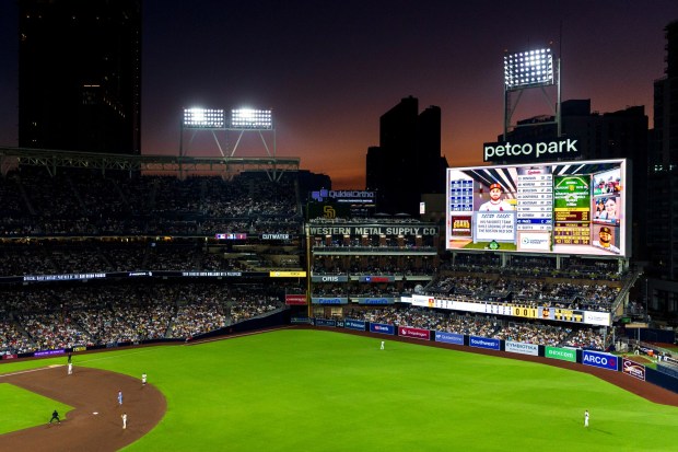 The sun sets as the Padres play the St. Louis Cardinals in the fourth inning at Petco Park on Saturday, Aug. 2, 2025 in San Diego, CA. (Meg McLaughlin / The San Diego Union-Tribune)