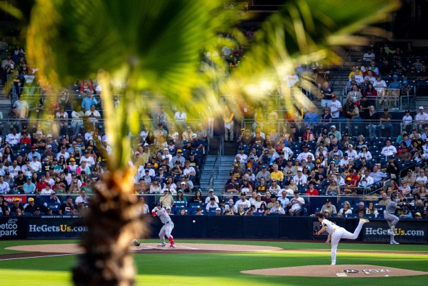 Michael King #34 of the San Diego Padres pitches against Alex Bregman #2 of the Boston Red Sox during the first inning at Petco Park on Saturday, Aug. 9, 2025 in San Diego, CA.