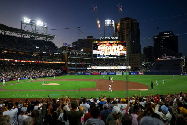 San Diego, California - September 23: Ryan O'Hearn #32 of the San Diego Padres rounds the bases after hitting a grand slam against the Milwaukee Brewers during the first inning at Petco Park on Tuesday, Sept. 23, 2025 in San Diego, California. (Meg McLaughlin / The San Diego Union-Tribune)