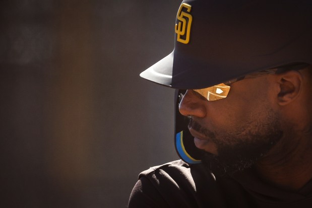 Jason Heyward bats during Padres spring training workouts at the Peoria Sports Complex on Saturday, Feb. 15, 2025 in Peoria, Ariz. (Meg McLaughlin / The San Diego Union-Tribune)