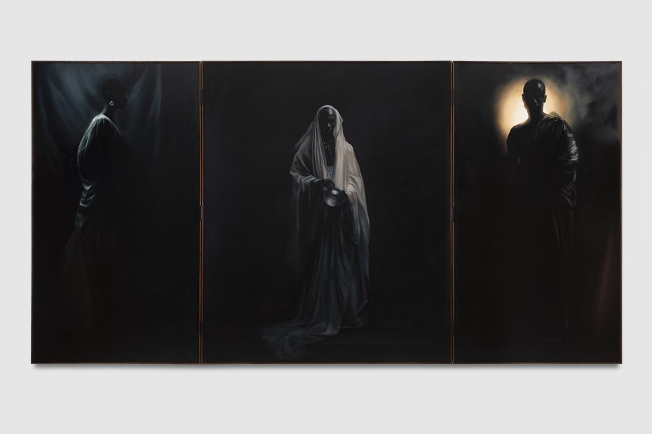 A triptych painting shows three shadowy, robed figures against dark backgrounds; the central figure holds a bowl, while the rightmost figure stands before a glowing light.